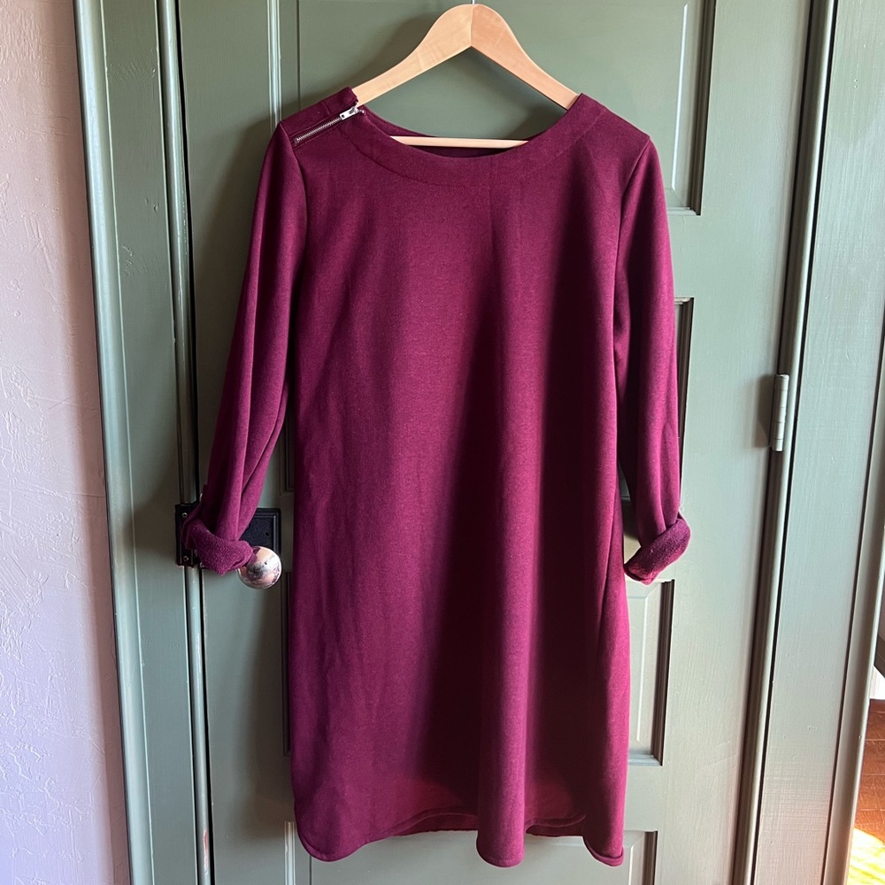 Merona Dark Red French Terry Dress Roll Tab Sleeve L